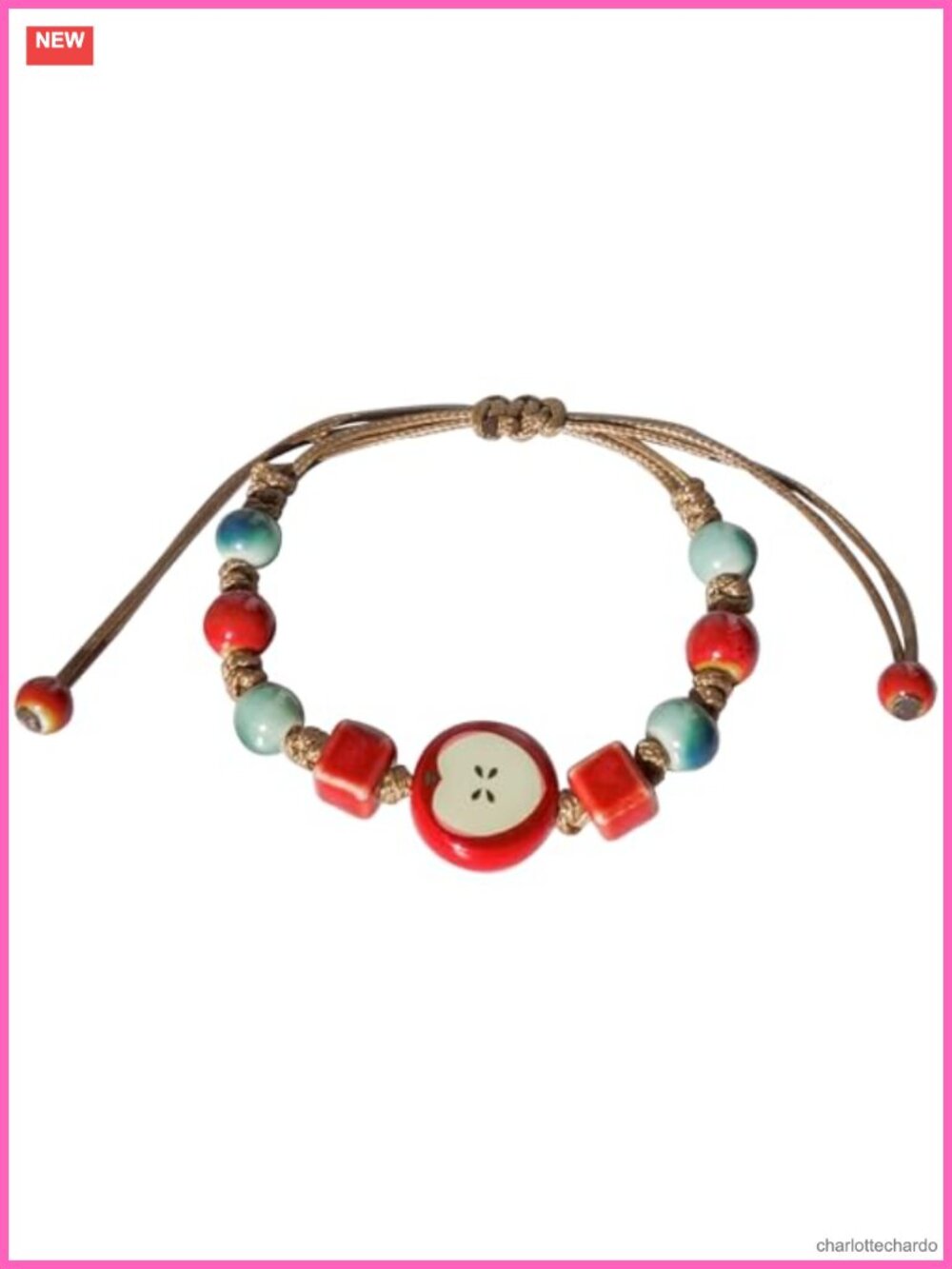 Handmade Ceramic Bead Bracelet with Leaf Charm Adjustable Boho Friendship